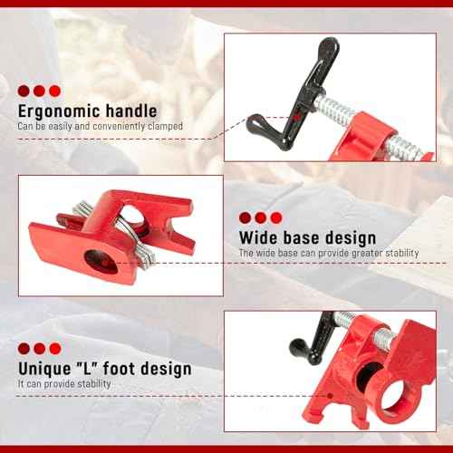 Pipe Clamps 3/4 inch 6 Pack Pipe Clamp with Unique Foot Ideal for Carpentry, Home Improvement, and DIY Projects Wood Gluing Clamps (Red, 3/4 IN)