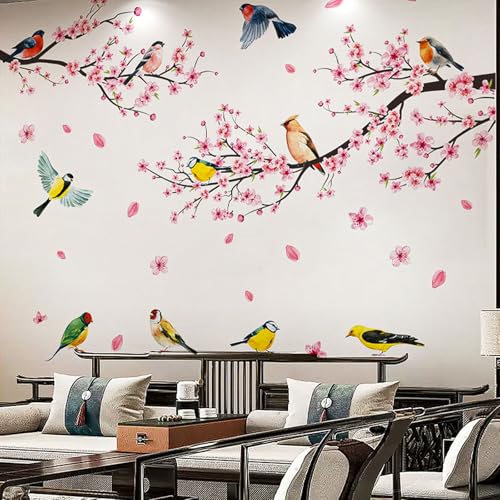 Wall Stickers & Murals Tree Wall Decals Peel and Stick Cherry Blossom Wall Stickers for Bedroom Living Room Bathroom Kitchen Flower Bird Tree Wall Decals Art Decor Boho Decorative Wall Stickers