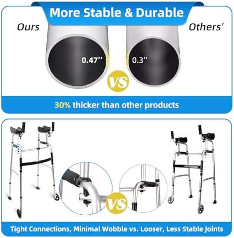 Stand Up Walker with Bearing Wheels - Height Adjustable Standard Walkers with Armrest Pad, Foldable Walker for Seniors, Elderly, Aluminum Platform Walkers with Small Bag, Silver