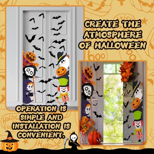 47 x 44 Inch Halloween Door Decals Cute Pumpkin Demon Expression Ghost Sticker Funny Halloween Decals for Window Wall Indoor Outdoor Party Decoration
