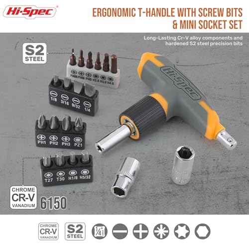 Hi-Spec 30pc Magnetic T-Handle Ratchet Wrench and Screwdriver Set. Small Compact Hand Tool Kit Set with Sockets for Home & Car & Office. Toolkit Starter Repairs in a Portable Tool Box Case