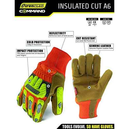 Ironclad Hi-Viz Yellow & Orange Genuine Pigskin Leather Cut A6 Gloves, TPR Impact Protection, Machine Washable, 1 Pair, IEX-HVIP5-05-XL