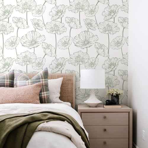 Orainege Floral Peel and Stick Wallpaper Boho Contact Paper Green and White Wallpaper 17.3inx118.1in Self Adhesive Removable Decorative Wall Paper for Bedroom Bathroom Cabinets Decor Vinyl