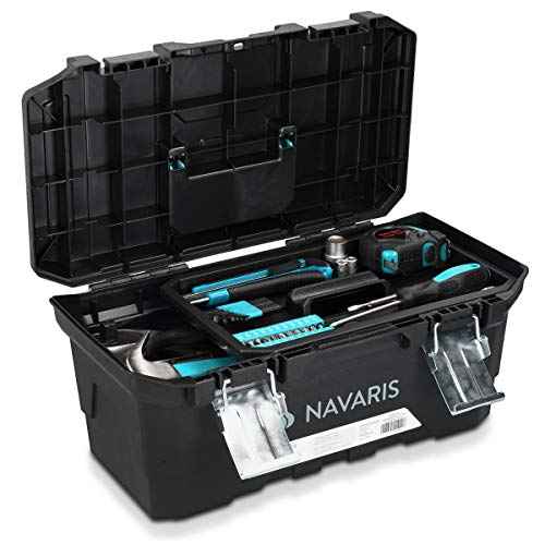 Navaris Tool Box 16 Inch - 40cm Rugged Plastic Multi-Purpose Toolbox Case with Lift-Out Organizer Tray to Store and Transport Tools - 2 Latches