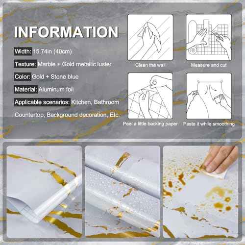 SOON AFTER Gold Marble Contact Paper Glossy Thick Peel and Stick Wallpaper Waterproof Self Adhesive Removable Wall Paper for Countertop Furniture Kitchen Bathroom. Modern Gold and White 15.7"x78.7"
