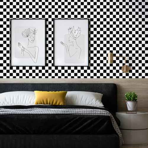 Jeweluck Black and White Wallpaper Peel and Stick Checkered Contact Paper 17.7"x118.1" Mosaic Checkered Peel and Stick Wallpaper Lattice Self Adhesive Removable Wall Paper for Bathroom Cabinets Vinyl