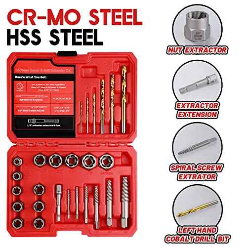 30 Pcs Spiral Screw Extractor Bolt Extractor Set, 6542/4341 HSS Left Hand Drill Bit Set, Stripped Bolt Remover Borken Bolt Extractor Kit for Removing Nuts Bolts with Solid Storage Case