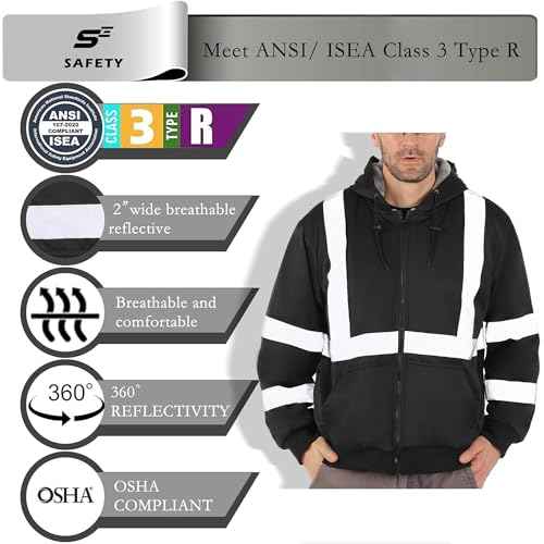 sesafety High Visibility Safety Hoodie for Men Fleece Lined ReflectiveZip up Sweatshirt Class 3 Heavy Duty Hi Vis Jacket
