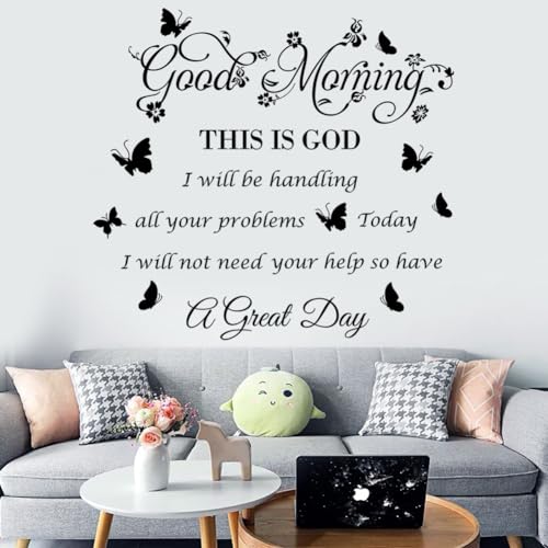 Bible Verse Inspirational Quote Good Morning This Is God Wall Stickers - Religious Decals With Flower Butterfly for Bedroom, Living Room, Office, Bathroom Decoration, Black