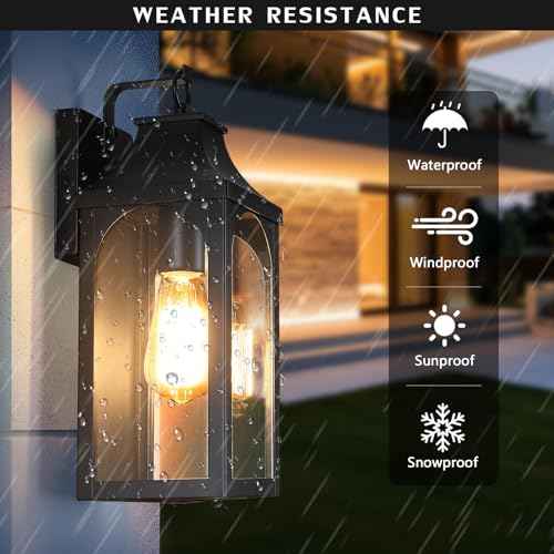 2-Pack 13" Outdoor Wall Light Fixtures, Matte Black Exterior Light Fixture with Clear Glass Lampshade, Anti-Rust Waterproof Outdoor Sconce Lights Porch Lights for Entryway, Patio, Garage