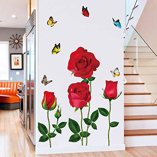 Romantic Red Rose Flower Wall Stickers Butterfly Floral Wall Decals DIY Wall Art Murals for Girls Woman Wedding Room Bedroom Bedside Backdrop Decorations