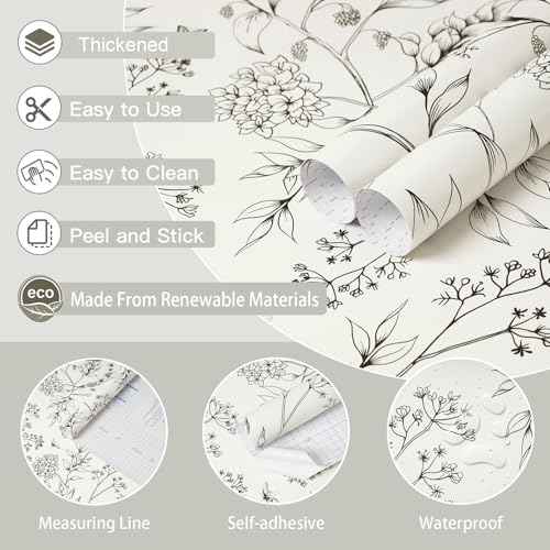 Safiyya Peel and Stick Wallpaper Black and White Floral Contact Paper Peel and Stick 17.3"x 78.7" Wall Paper Self Adhesive Removable Wallpaper for Bedroom Bathroom Vinyl Roll