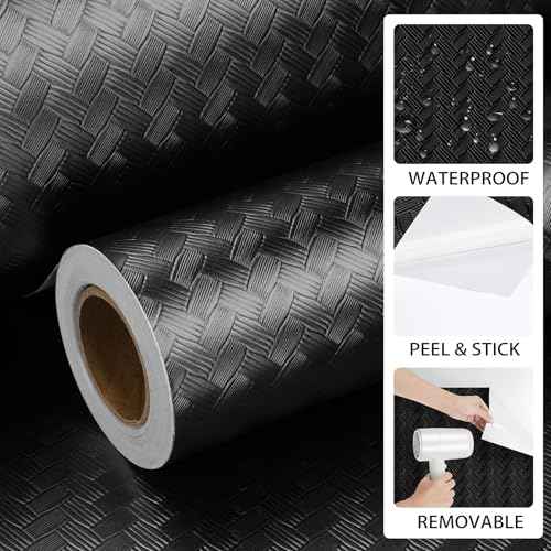 ReWallpaper Black Textured Wallpaper Peel and Stick Modern Embossed Contact Paper for Cabinets Removable Prepasted Wallpaper Roll for Walls Waterproof Bathroom Wall Paper Easy to Apply 17.7in x 6.5ft