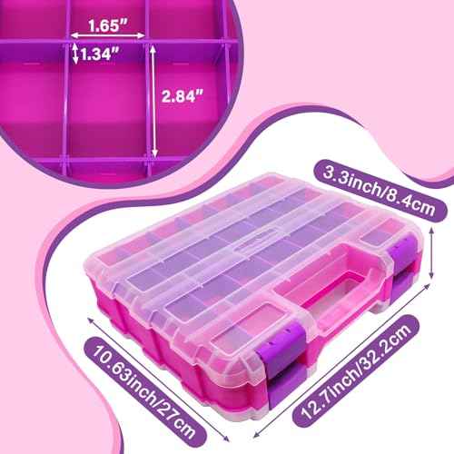 Pink Tools Box, 50-Compartment Double Side Small Parts Storage Box with Removable Plastic Dividers for Hardware, Beads, Hair Accessories and More