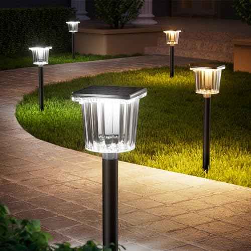HIGH-POWER 2-in-1 Warm&Cold,3000/12000K 6 Pack Solar Pathway Lights,SUPER BRIGHT Solar Lights Outdoor IP65 Waterproof ,Up to 28 Hrs Solar Walkway Lights for Yard,Patio,Landscape,Sidewalk,Driveway,Lawn