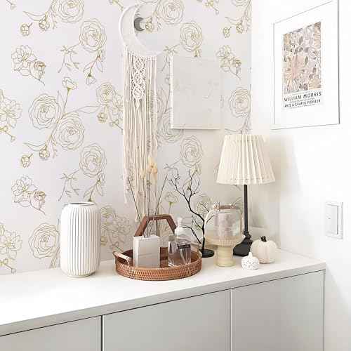 Safiyya 118"x17.3" Peel and Stick Wallpaper Gold and White Contact Paper Rose Floral Wallpaper Self Adhesive Removable Wallpaper for Bedroom Covering Vinyl Rolls
