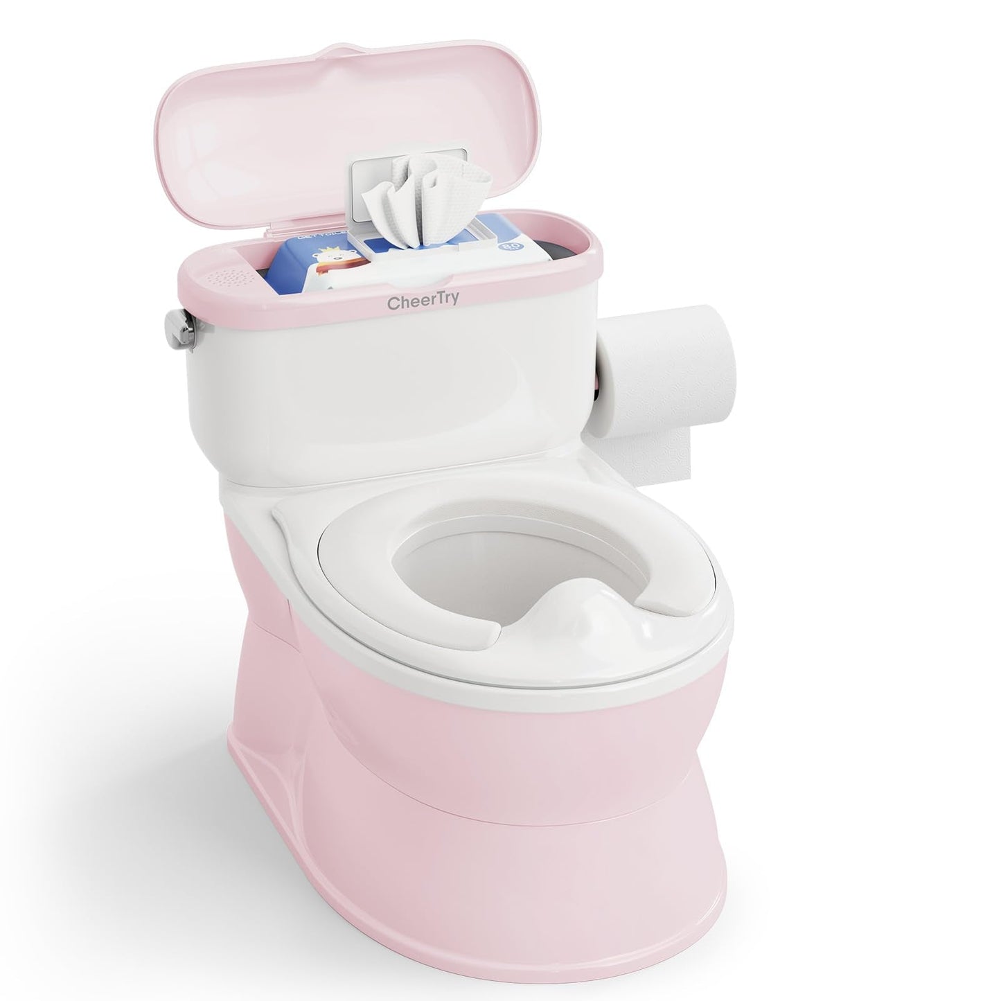 CheerTry 2-in-1 Toddler Potty Training Toilet - with Detachable Training Seat, Realistic Flushing Sound for Boys & Girls Ages 1-3 with Wipes Storage, Toilet Paper Holder