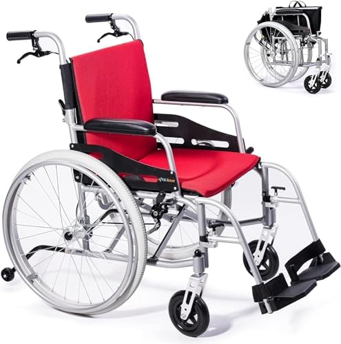 Magnesium Lightweight Wheelchair - 21lbs Self Propelled Chair with Travel Bag & Cushion, Folding 17.5â W Seat, Park & Brake Anti Tipper, Swing Away Footrests, Ultra Light, Red+Black