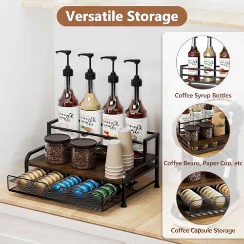 Coffee Syrup Rack Organizer, 3-Tier 8 Bottles Syrup Rack with Pod Holder Drawer for Nespresso Pods, Holds up to 30 Big or 40 Small Capsules, Countertop Coffee Bar Organizer for Kitchen Cafe