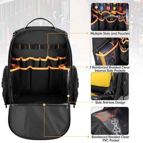 Tool Bag Backpack with 3 Tool Zipper Pouch, Tool Organizer Bag for Men with Padded Support, Tactical Tool Storage Work Bag for Repairman, Electrician, Handyman, Black (Patented Design)