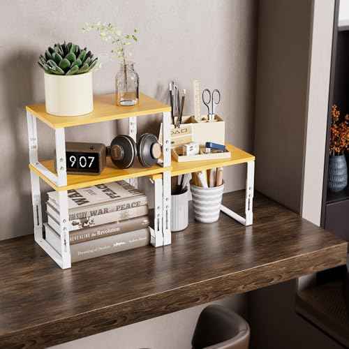 Adjustable Storage Shelves for Kitchen Cabinet Organization - Set of 2 Stackable Metal & Engineered Wood Racks, Space-Saving Design for Countertop/Pantry/Garage, Easy Assembly(2 Packs/Large/White)