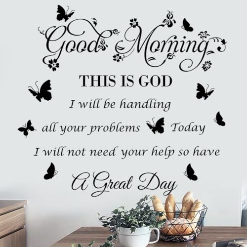 Bible Verse Inspirational Quote Good Morning This Is God Wall Stickers - Religious Decals With Flower Butterfly for Bedroom, Living Room, Office, Bathroom Decoration, Black