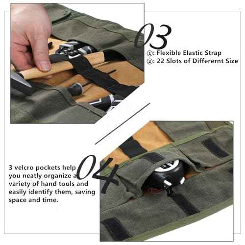 Wrench Tool Roll, Heavy Duty Waxed Canvas Multi-Purpose Tool Pouch Bag with 25 Pockets, Easy Storage, Durable (Khaki)