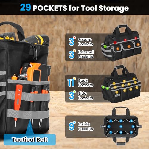 Heavy Duty Tool Bag, 17 Inch Tool Bags for Men with Multi-Pockets, Waterproof Tool Box Organizer Storage Bag with Adjustable Shoulder Strap, Soft Handle, Durable Zipper for Men, Dad (Black-Grey)