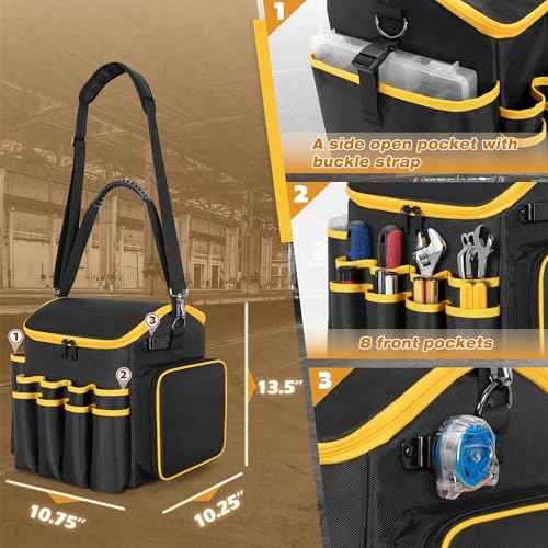Tool Bag with a Detachable Divider, Tool Tote with Multiple Pockets, Black