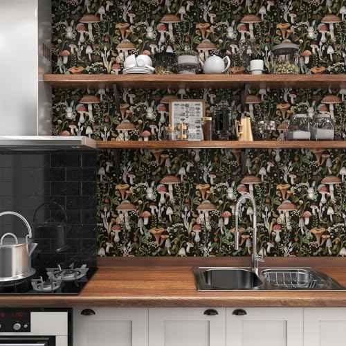Mushroom Wallpaper Peel and Stick Wallpaper Black 17.7" x 78.8" Self Adhesive Removable Wall Paper Leaf Forest Mushroom Contact Paper for Countertops Decor