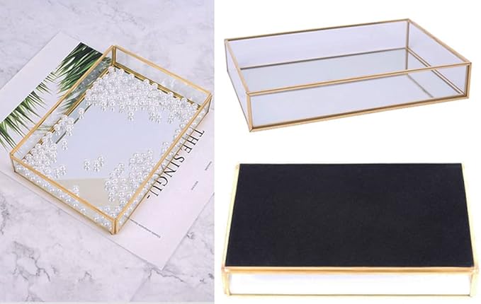 Sooyee Gold Rectangle Mirror Tray, Metal and Glass Decorative Tray Can Hold Perfume, Jewelry, Cosmetics, Makeup, Magazine and More for Vanity, Dresser, Bathroom, Bedroom (12"x8")