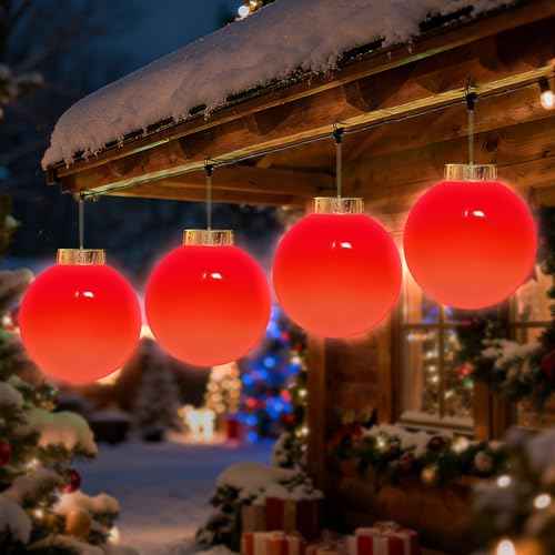 Lanpn 4 Pcs 8" Outdoor LED Ornament, Large Christmas Battery Powered Ball Lights, Xmas Tree Sphere Bulb Decor with Dark Sensor, Christmas Lighted Ornaments for Lawn Garden Yard Patio, Red