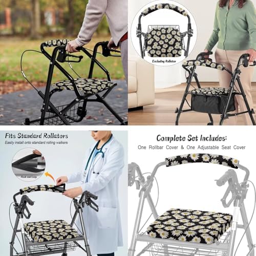 LedBack Rollator Walker Accessories 3 Pack Daisy Rollator Walker Seat and Backrest Rollbar Covers Soft Universal Walkers Seat Covers Organizer Pouch Storage
