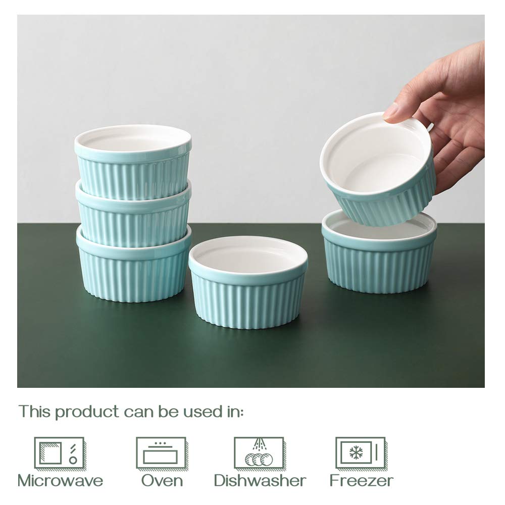 DOWAN 4 oz Ramekins - Ramekins for Creme Brulee Porcelain Ramekins Oven Safe, Classic Style Ramekins for Baking Souffle Ramekins Ramekins Bowls, Set of 6, Blue