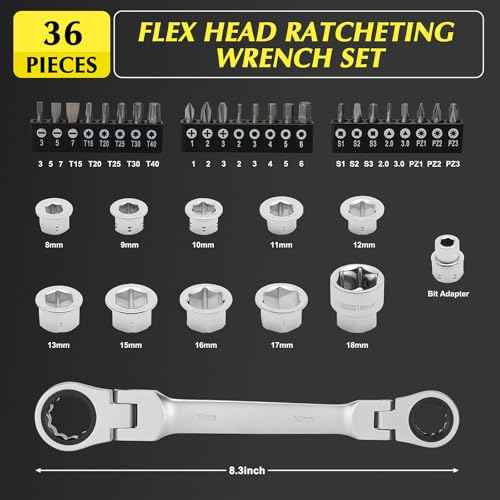 EMENTOL 36PCS Flex Head Ratcheting Wrench Set, 12-in-1 Wrench Set & 24-in-1 Screwdriver Set, CR-V, Double Box End Wrench 8mm -19mm