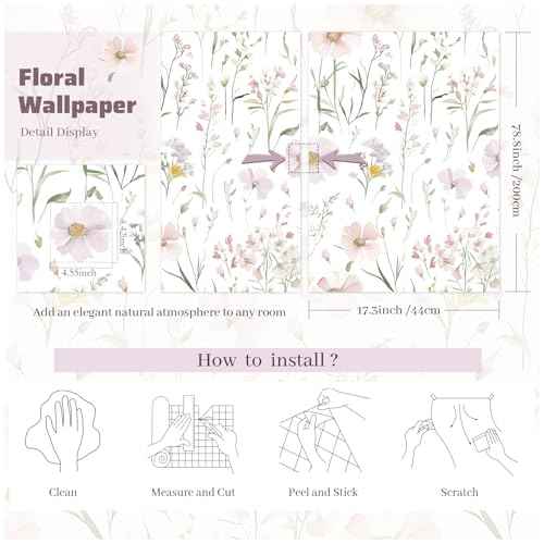 Floral Peel and Stick Wallpaper Boho Contact Paper Self Adhesive Removable Wallpaper Pink Floral 17.3''x78.7'' White Wildflowers Wall Paper for Bedroom Bathroom Art Deco Wall Papers Vinyl Roll