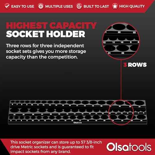 Olsa Tools Magnetic Socket Organizer (3/8-Inch Drive, 3 Row) - Magnetic Tool Organizer & Socket Holder - Tool Box Socket Organizers - Metric Black - Holds 54 Sockets - Professional Grade - Part: 1553