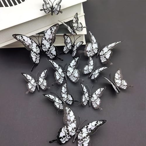 12Pcs Halloween Wall Decor 3D Self-Adhesive Skull Butterfly Wall Stickers Double Layer Black Skeleton Butterflies Designs Gothic Wall Decorations for Indoor Outdoor Halloween Party Atmosphere Supplies