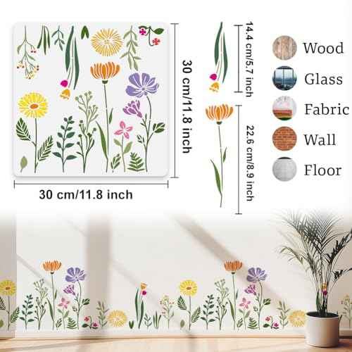 Wildflower Wall Stencil Templates 11.8 x 11.8 Inch Reusable Floral Stencils for Painting on Wood Wall Floor Fabric Furniture, DIY Home Decor Craft Stencil