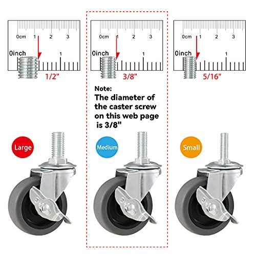 Caster Wheels, 3" Locking Swivel Stem Casters Set with Brake of 16, 3/8"-16 x 1 (Screw Diameter 3/8", Length 1") Rubber Casters with 360 Degree No Noise Wheels