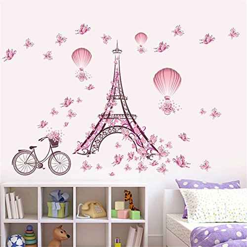 BIBITIME Romantic France Paris Eiffel Tower Wall Decals for Girls Room Flower Bike Butterflies Hot Air Balloon Vinyl Sticker Valentine's Day Wedding Couple Bedroom Home Art Mural DIY Peel and Stick