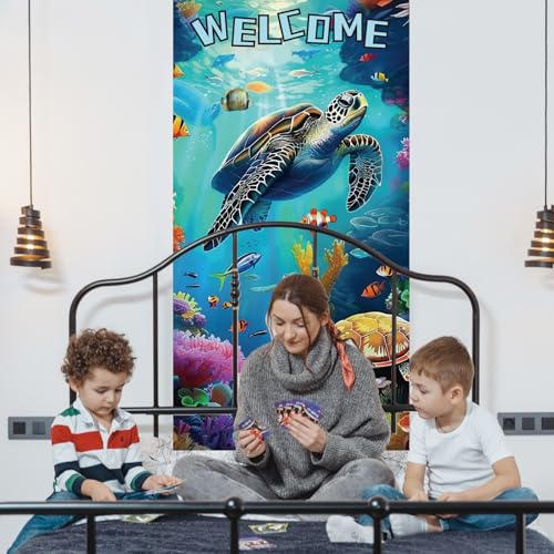 arricraft 1 Pc Welcome Theme Turtle Door Cover, Summer Beach Door Banner Nautical Porch Banner Ocean Animal Party Decorations Polyester Sign for Party Supplies 35.4x72.8 inch(90x185cm)