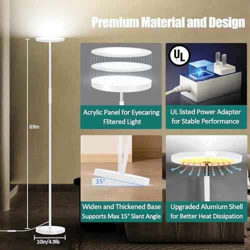 White Floor Lamp, 40W Super Bright Floor Lamps for Living Room Bedroom with Remote & Timer, Torchiere LED Floor Lamp 2700K-6500K Stepless Dimmable, Tall Standing Light Works with Smart Plug