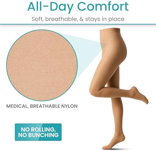 Vive Medical Compression Pantyhose for Women & Men - 15-20 mmHg Graduated Support Hose - Opaque Closed Toe Compression Tights - Stockings for Varicose Veins, Swelling, Edema, & Improved Circulation
