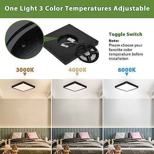 12 Inch 24W Flush Mount Square LED Ceiling Light, 3000K/4000K/6000K Adjustable Flush Mount Light Fixture, 2800LM Bright Flat Ceiling Light Fixtures for Bedroom, Kitchen, Hallway (Black-4 Pack)