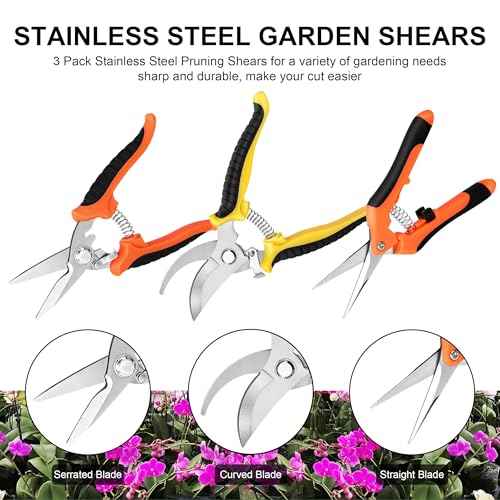 3 Pack Stainless Steel Garden Shears Pruning Set, Bypass, Serrated, and Straight Blade Scissors for Trimming Flowers, Branches, Stems - Perfect Pruners for Gardening & Plant Care