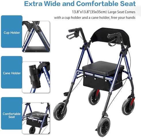 Amblisss Walkers for Seniors with Seat, Foldable Rollator Walkers, 300 lbs Weight Capacity, 8" Wheels Dual Height Ajustable, Rolling Walker with Seat for All-Terrain, Dark Blue
