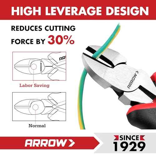 ARROW High Leverage Diagonal Pliers, 6 Inch Wire Cutters with Comfortable TPR Handle, High Carbon Steel Side Cutters for Cutting Wire