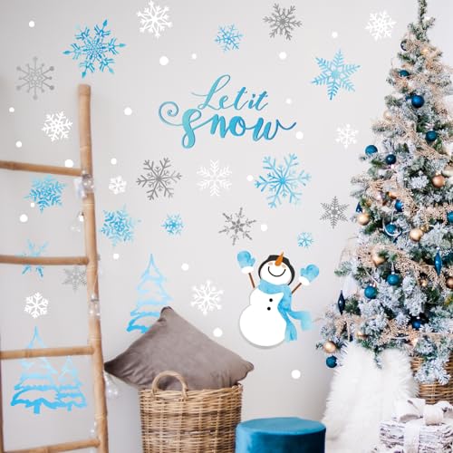 Winter Snowflake Snowman Wall Stickers Christmas Window Decals Small Room Mural Stickers for Party Home Bedroom Kitchen Decor, 7.9 x 11.8 Inch, 9 Sheets