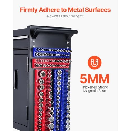 VEVOR 4PCS Magnetic Socket Holder, 1/4'' & 3/8'' Metric SAE Socket Trays with Clear Labels, Holds up to 108PCS Standard & Deep Sockets, Blue (Metric) & Red (SAE) Organizer Set
